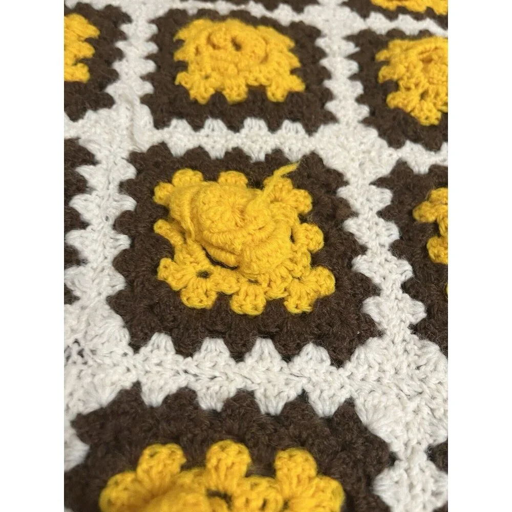 Handmade Crochet‎ Knit Floral Granny Square Blanket Yellow Brown White 55”x42”